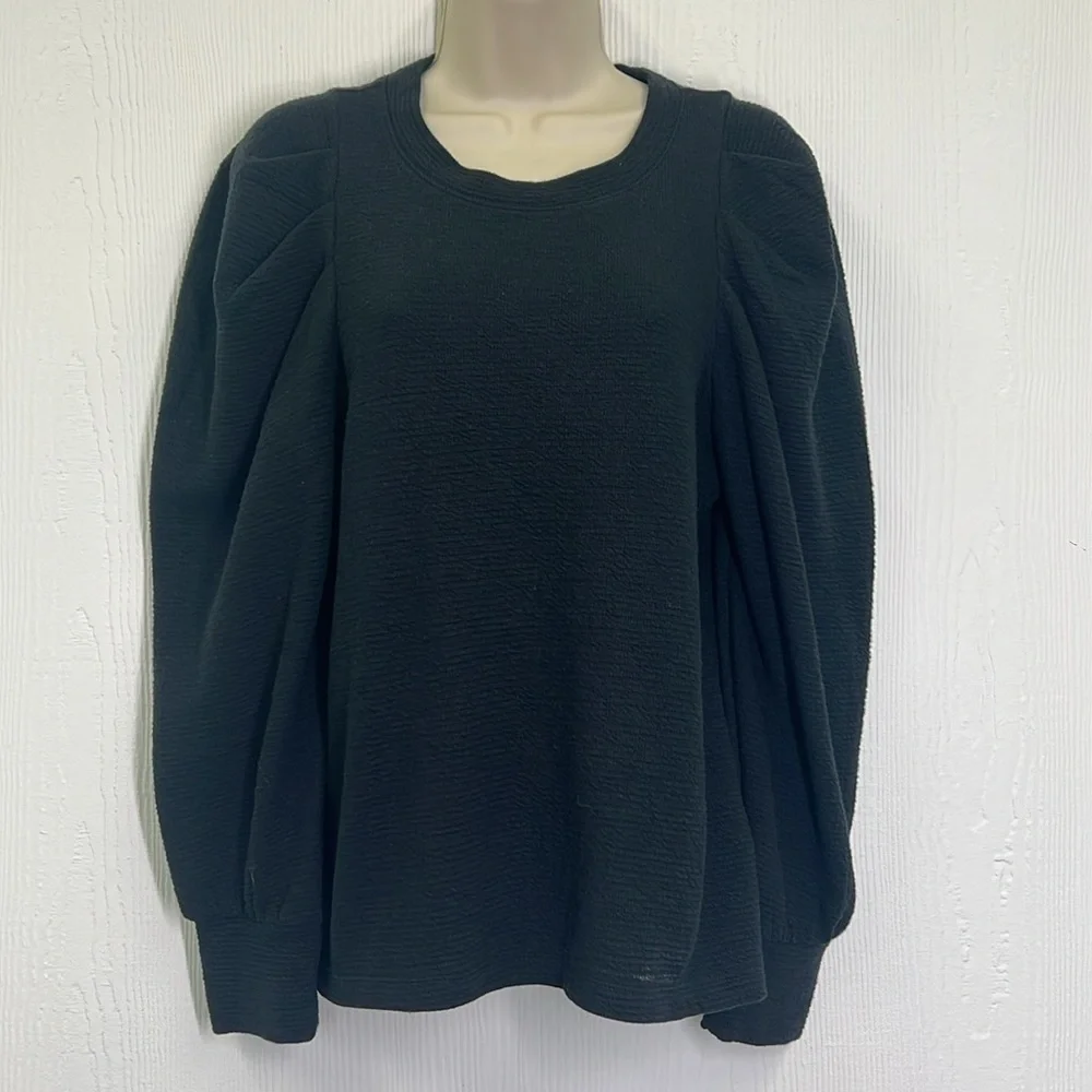 Madewell - Textured Button Puff Long Sleeve Black Crewneck Blouse Size Medium
